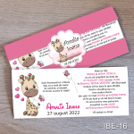 Invitatii botez Girafa - Cu Eticheta si plic Roz - IBE-16