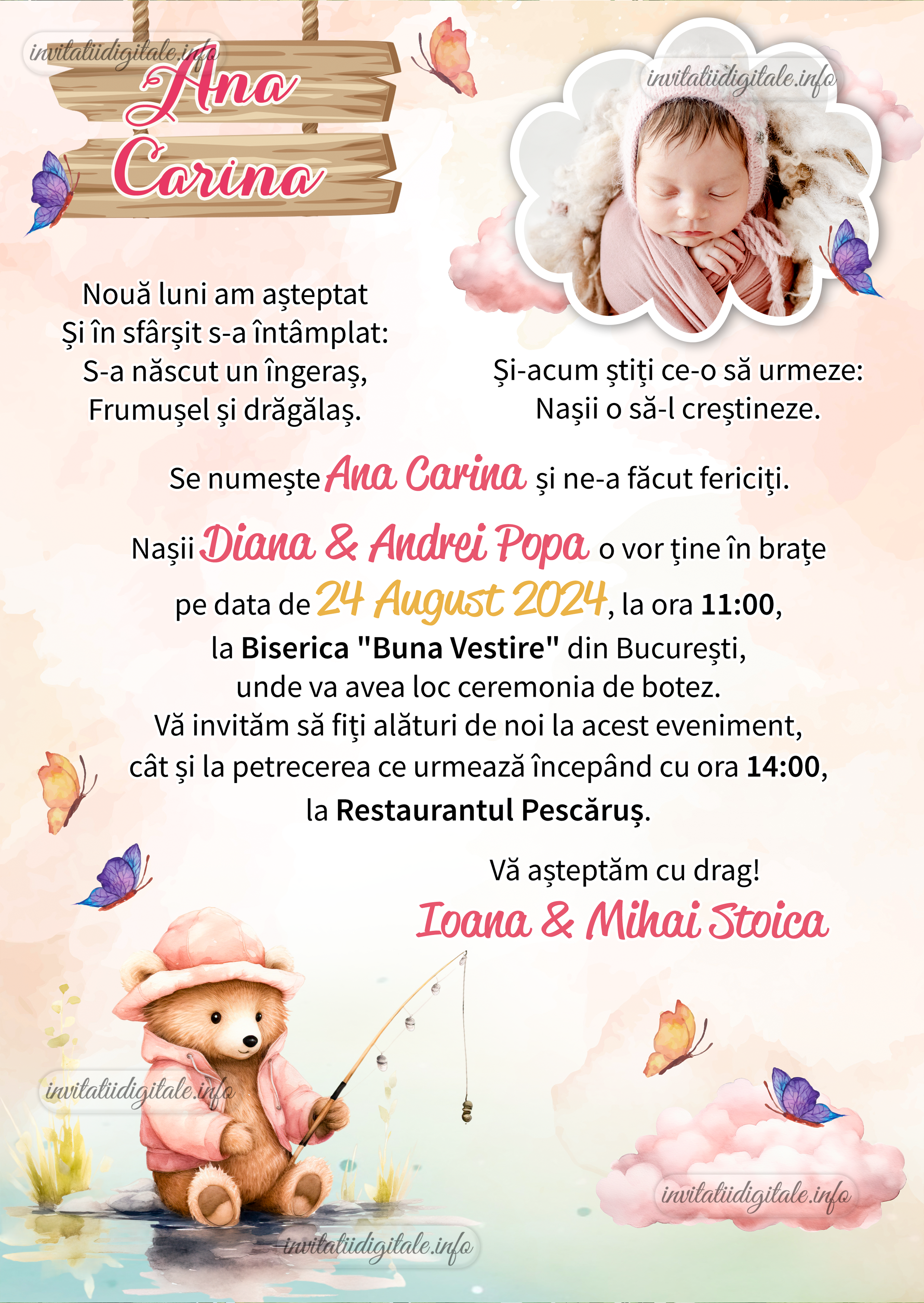 Invitatie digitala botez cu poza - fetite - Ursulet - IBF-65