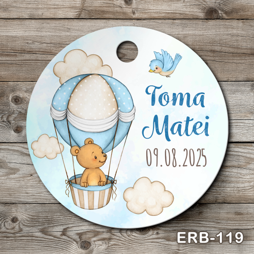 Etichete marturii botez rotunde - Ursulet in balon cu aer cald - ERB-119